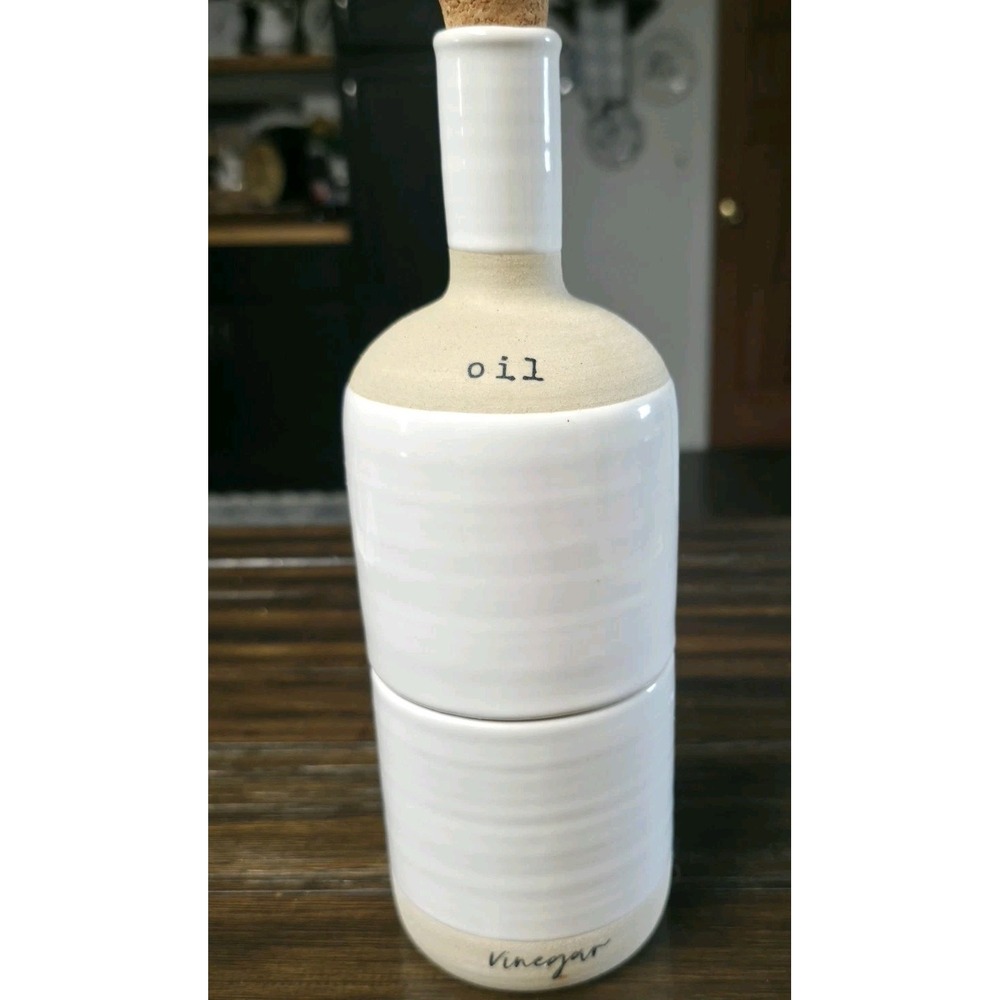 Mud Pie Circa Ceramic Stacked Oil and Vinegar Decanter Set White Farmhouse Cork